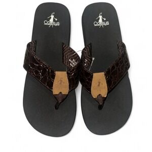 Corky's Bubbles Brown Faux Croc Patent Flip Flop Sandals Womens 9 Black Plaform